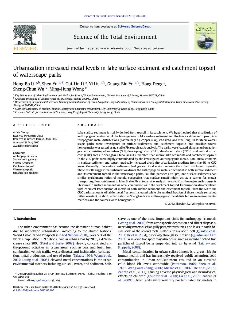 Urbanization increased metal levels in lake surface sediment and catchment topsoil of waterscape parks