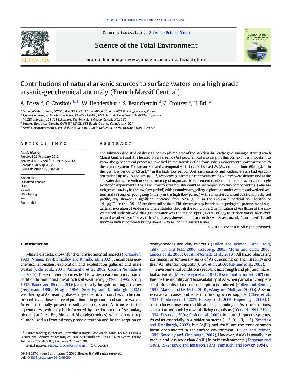 Contributions of natural arsenic sources to surface waters on a high grade arsenic-geochemical anomaly (French Massif Central)