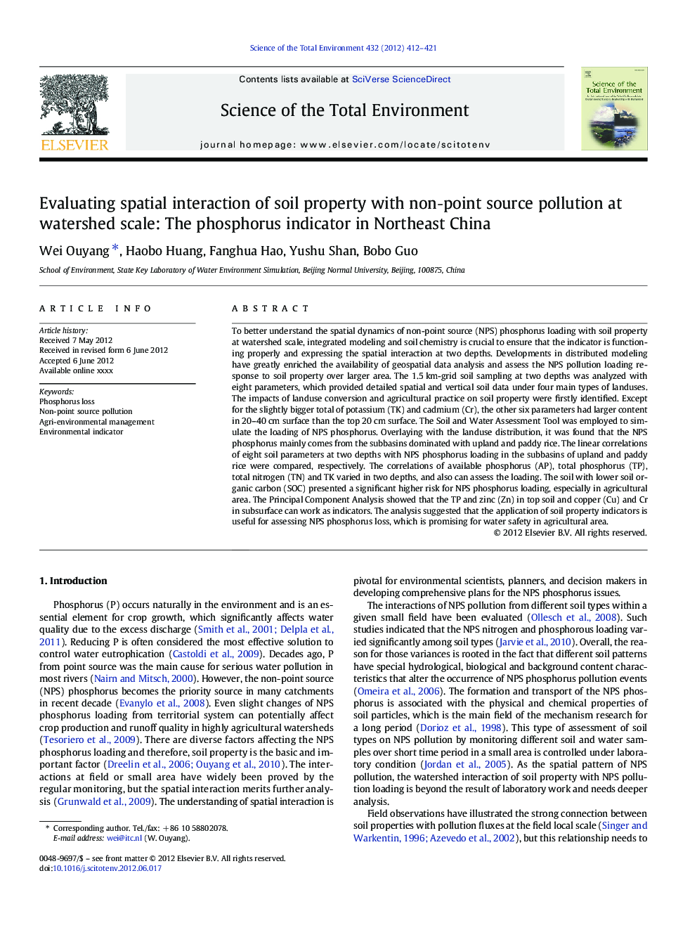 Evaluating spatial interaction of soil property with nonâpoint source pollution at watershed scale: The phosphorus indicator in Northeast China