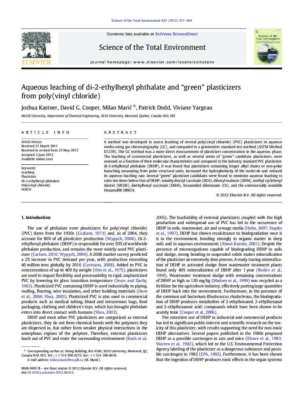 Aqueous leaching of di-2-ethylhexyl phthalate and “green” plasticizers from poly(vinyl chloride)