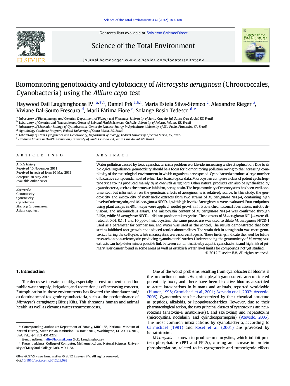 Biomonitoring genotoxicity and cytotoxicity of Microcystis aeruginosa (Chroococcales, Cyanobacteria) using the Allium cepa test