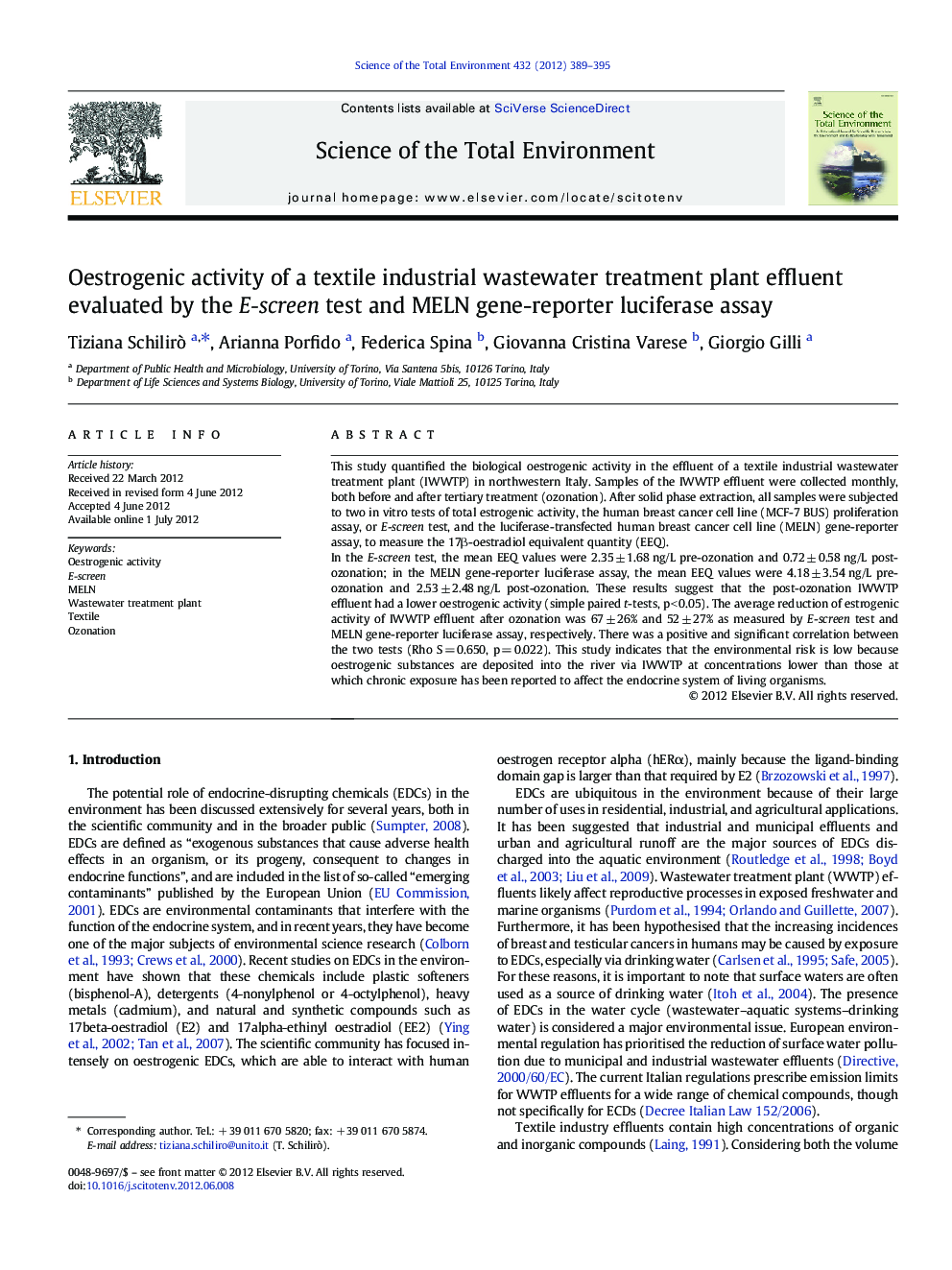 Oestrogenic activity of a textile industrial wastewater treatment plant effluent evaluated by the E-screen test and MELN gene-reporter luciferase assay