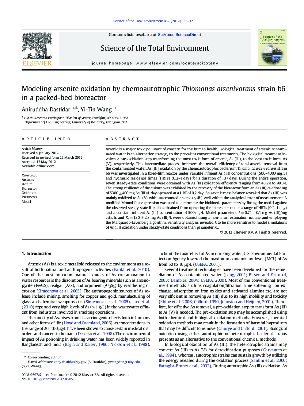 Modeling arsenite oxidation by chemoautotrophic Thiomonas arsenivorans strain b6 in a packed-bed bioreactor