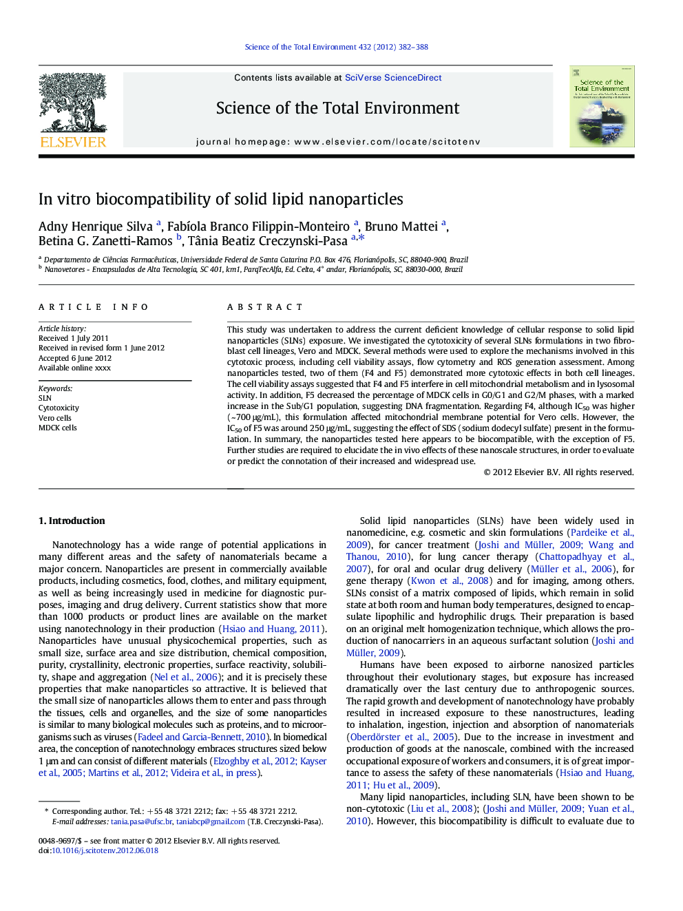 In vitro biocompatibility of solid lipid nanoparticles