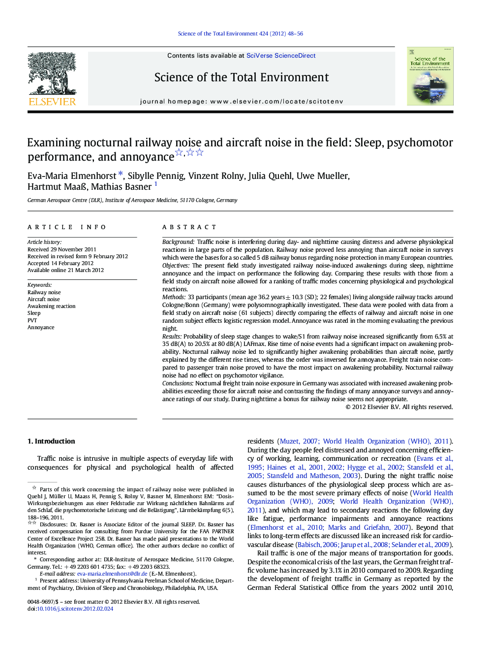 Examining nocturnal railway noise and aircraft noise in the field: Sleep, psychomotor performance, and annoyance