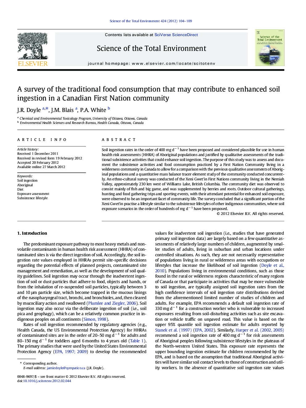 A survey of the traditional food consumption that may contribute to enhanced soil ingestion in a Canadian First Nation community