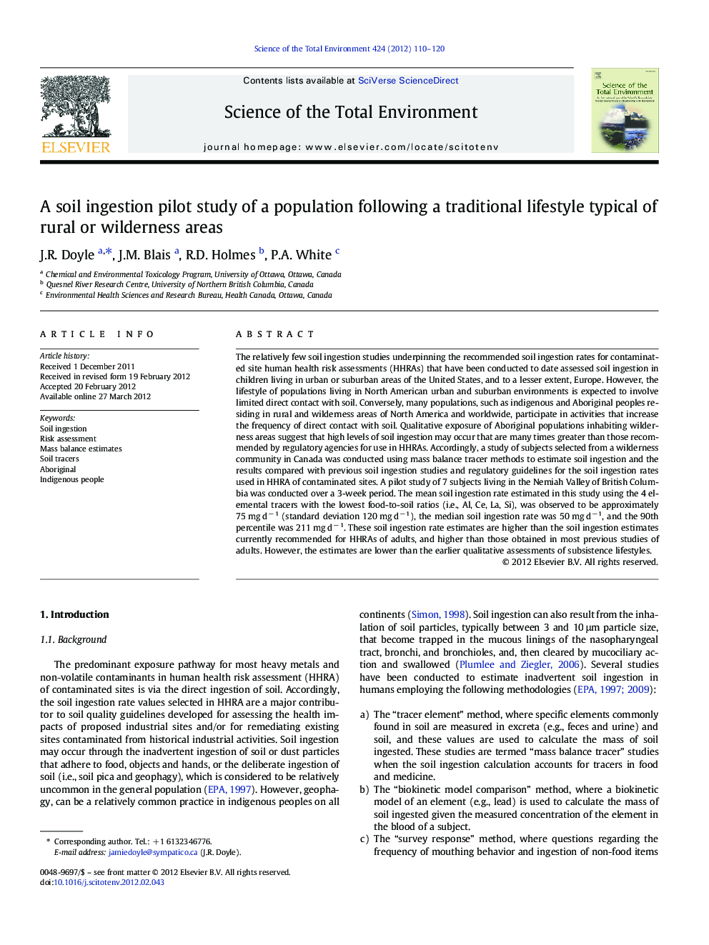 A soil ingestion pilot study of a population following a traditional lifestyle typical of rural or wilderness areas