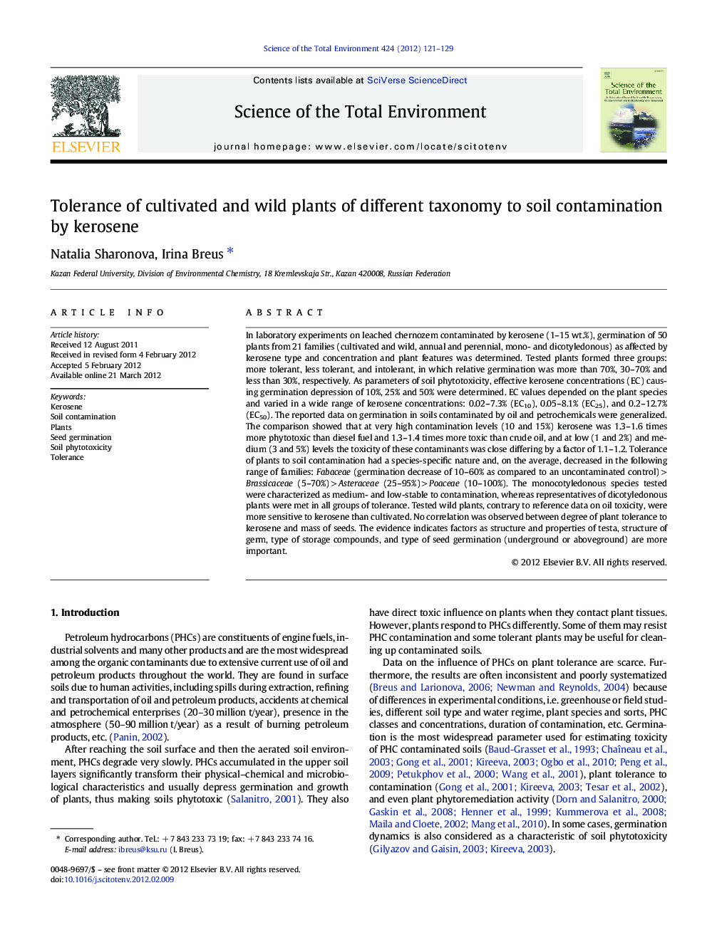 Tolerance of cultivated and wild plants of different taxonomy to soil contamination by kerosene