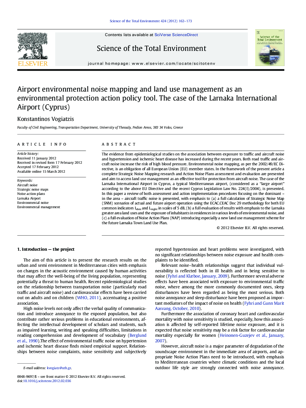 Airport environmental noise mapping and land use management as an environmental protection action policy tool. The case of the Larnaka International Airport (Cyprus)