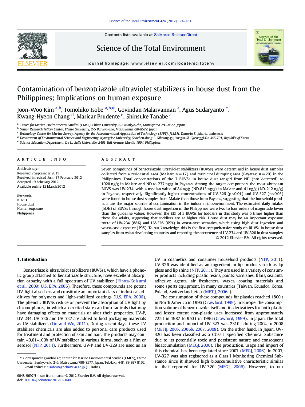 Contamination of benzotriazole ultraviolet stabilizers in house dust from the Philippines: Implications on human exposure