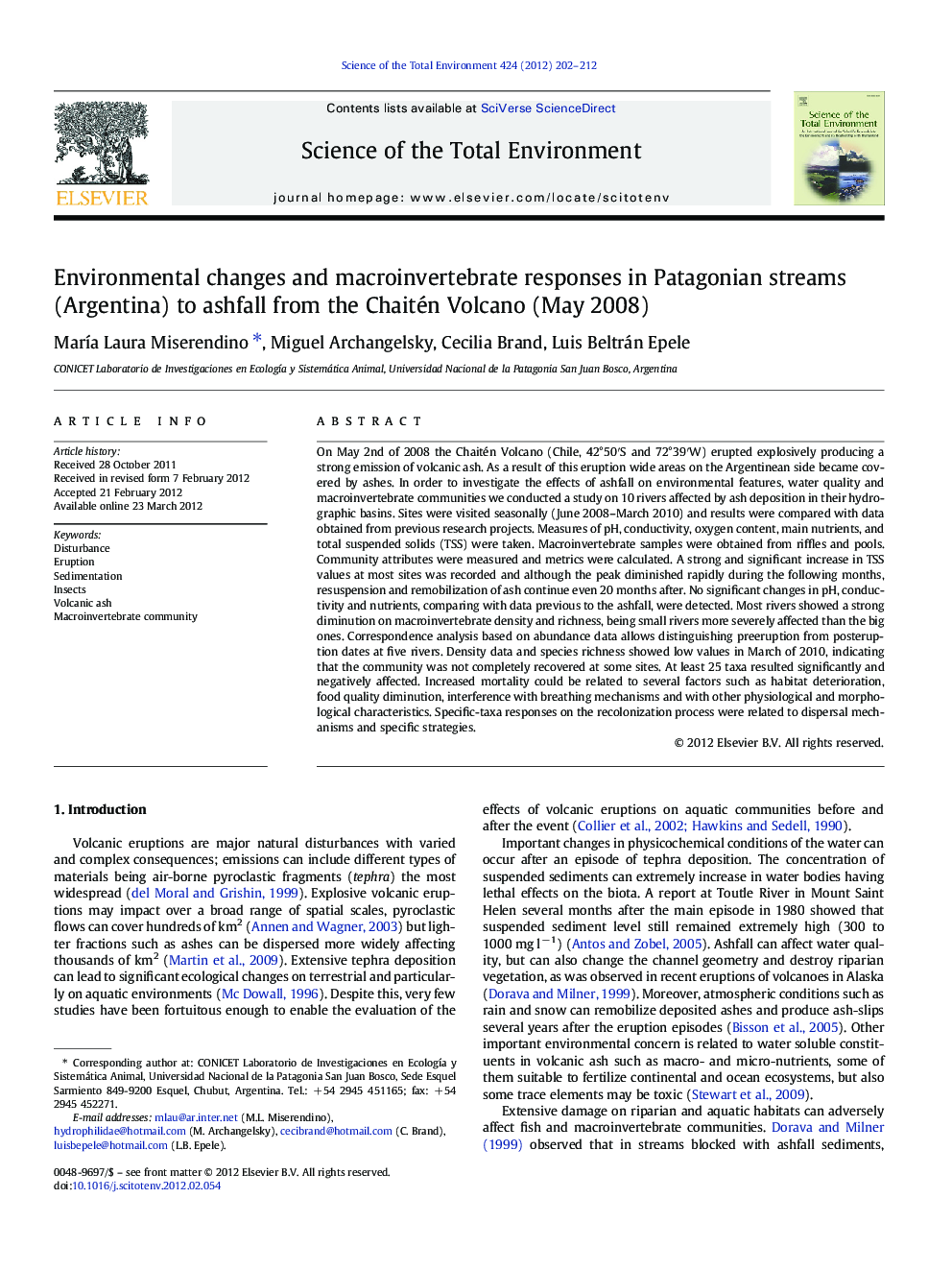 Environmental changes and macroinvertebrate responses in Patagonian streams (Argentina) to ashfall from the Chaitén Volcano (May 2008)