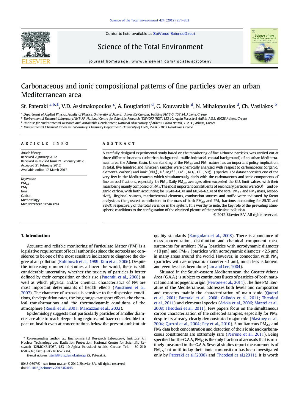 Carbonaceous and ionic compositional patterns of fine particles over an urban Mediterranean area