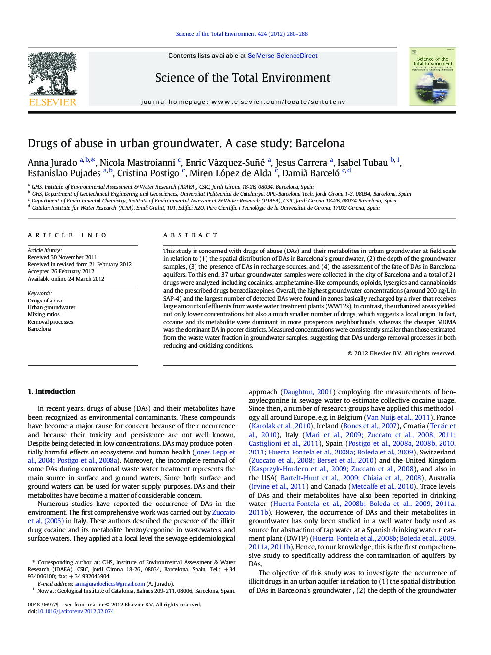 Drugs of abuse in urban groundwater. A case study: Barcelona