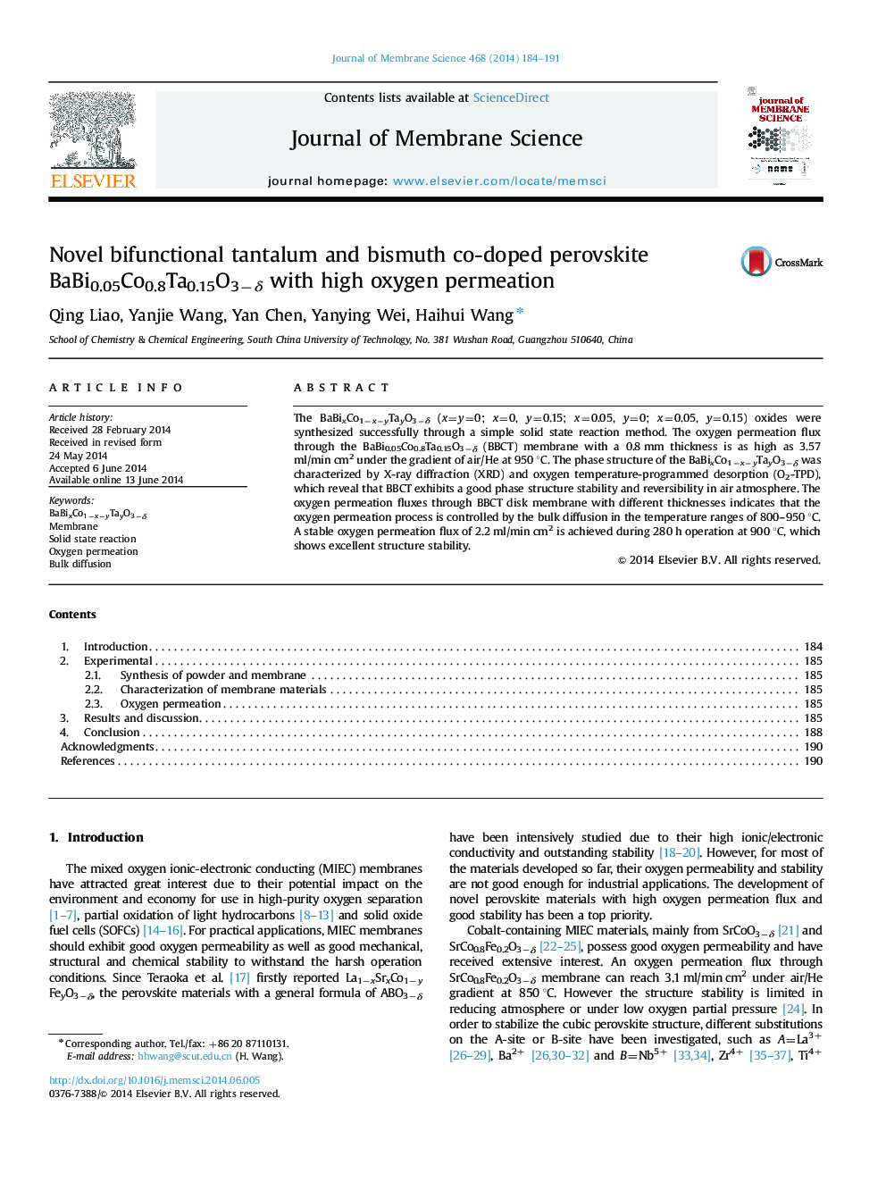 Novel bifunctional tantalum and bismuth co-doped perovskite BaBi0.05Co0.8Ta0.15O3âÎ´ with high oxygen permeation