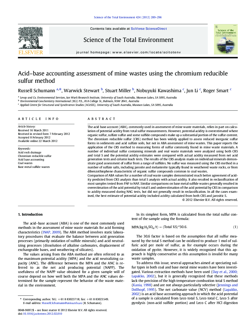 Acid-base accounting assessment of mine wastes using the chromium reducible sulfur method