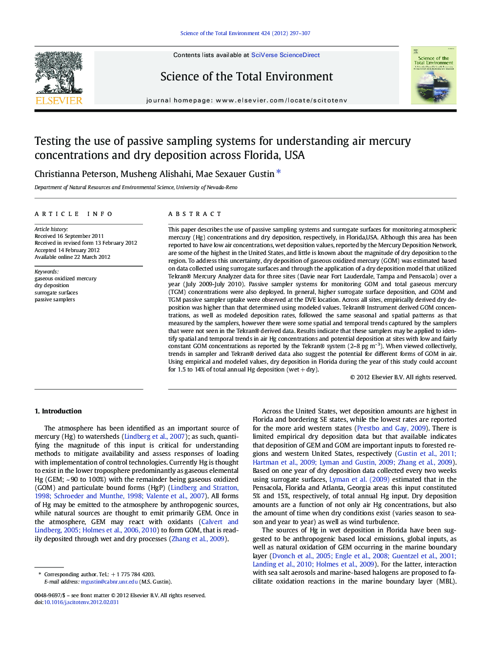 Testing the use of passive sampling systems for understanding air mercury concentrations and dry deposition across Florida, USA