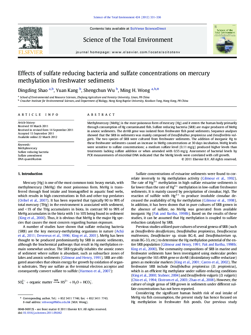 Effects of sulfate reducing bacteria and sulfate concentrations on mercury methylation in freshwater sediments