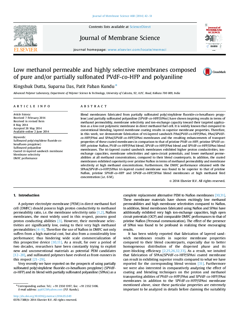 Low methanol permeable and highly selective membranes composed of pure and/or partially sulfonated PVdF-co-HFP and polyaniline