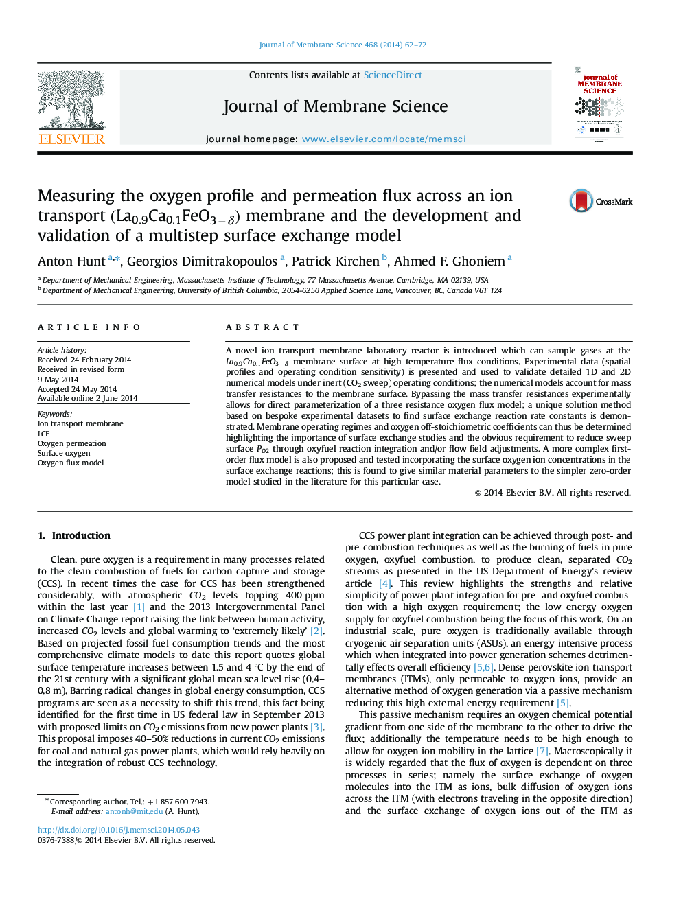 Measuring the oxygen profile and permeation flux across an ion transport (La0.9Ca0.1FeO3âÎ´) membrane and the development and validation of a multistep surface exchange model