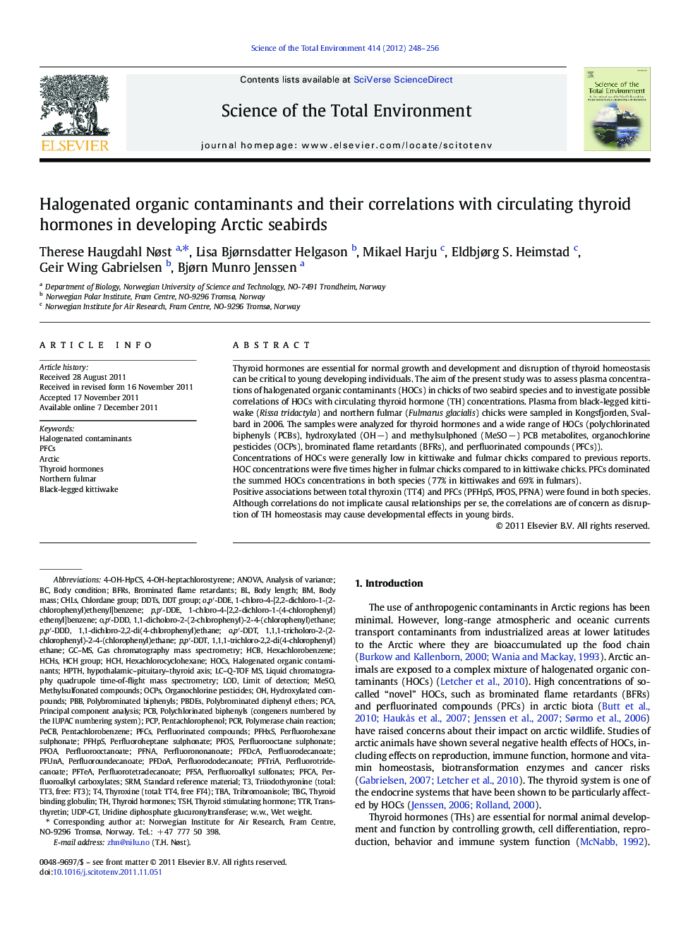 Halogenated organic contaminants and their correlations with circulating thyroid hormones in developing Arctic seabirds