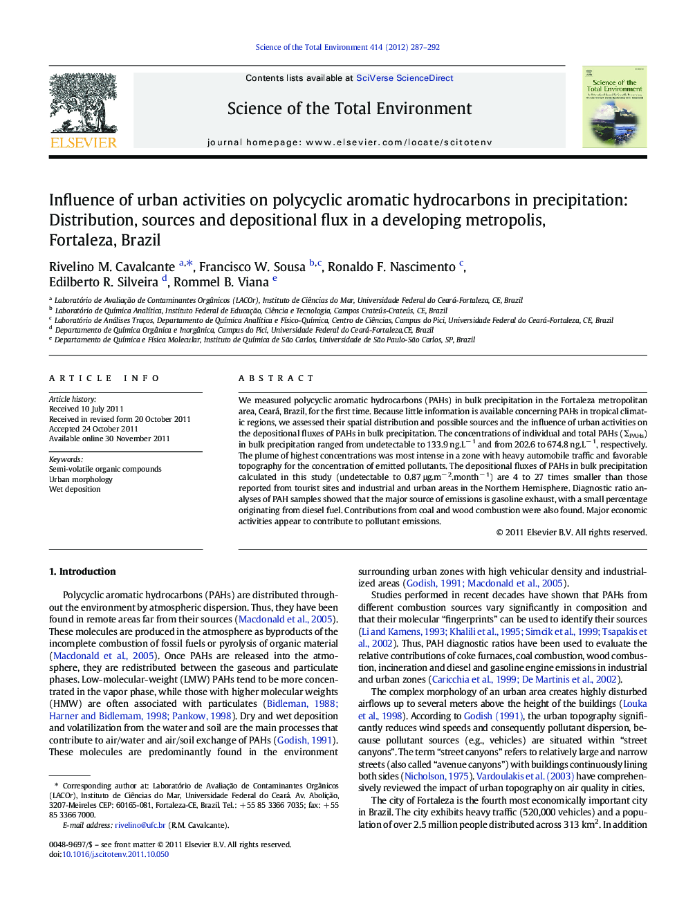 Influence of urban activities on polycyclic aromatic hydrocarbons in precipitation: Distribution, sources and depositional flux in a developing metropolis, Fortaleza, Brazil