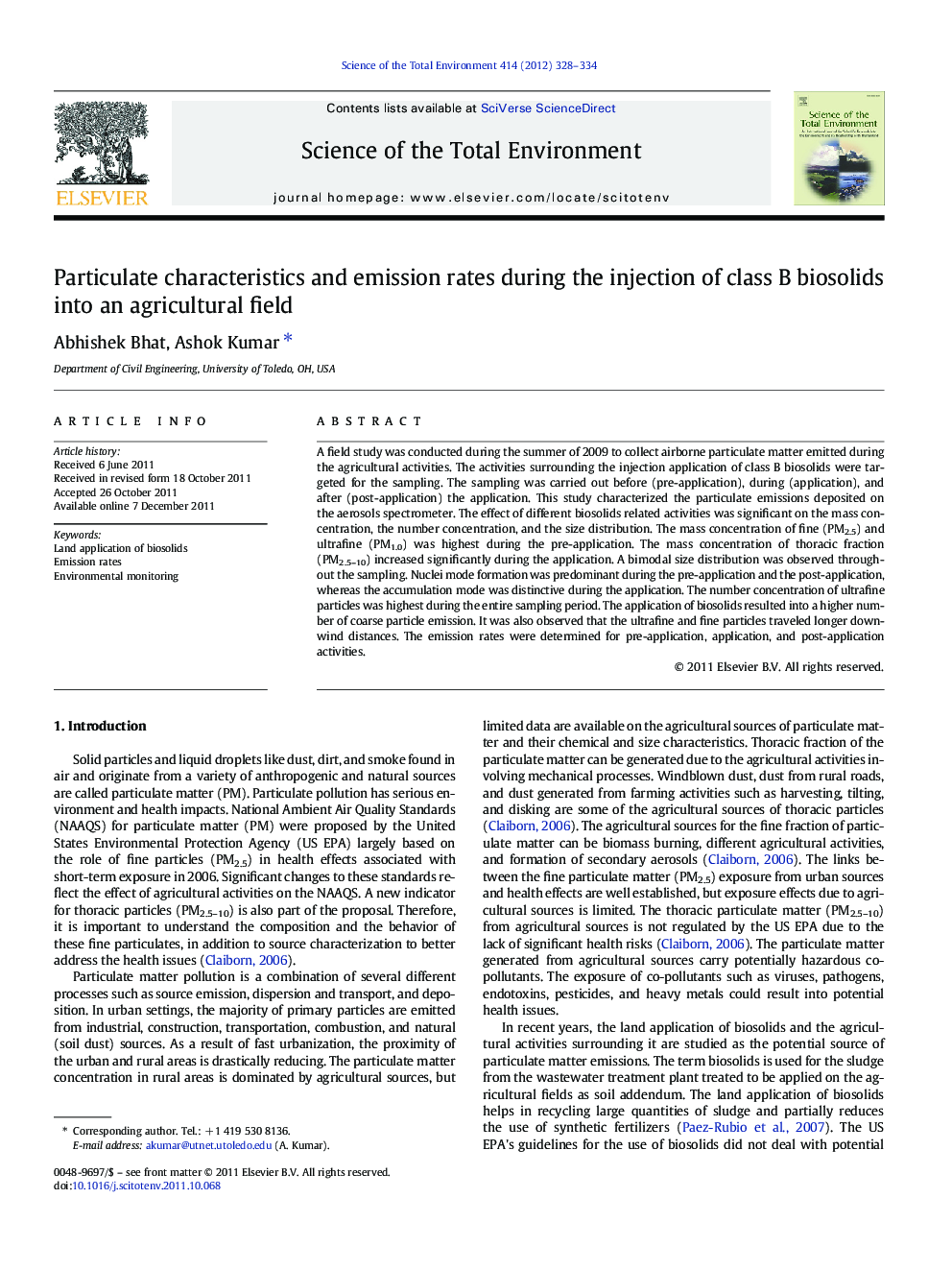 Particulate characteristics and emission rates during the injection of class B biosolids into an agricultural field