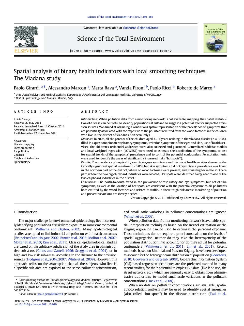 Spatial analysis of binary health indicators with local smoothing techniques