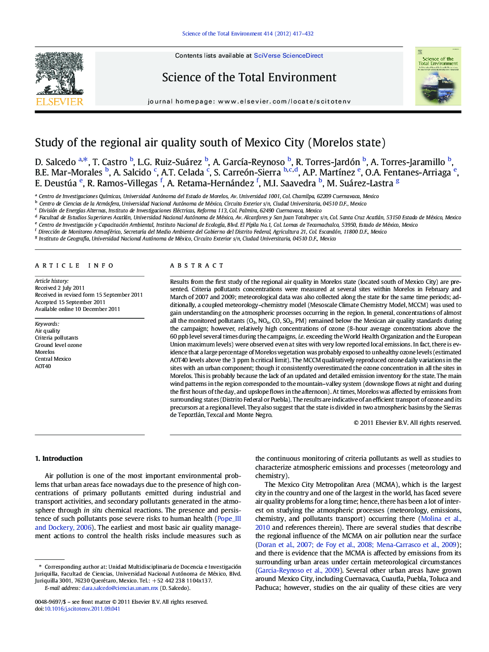 Study of the regional air quality south of Mexico City (Morelos state)