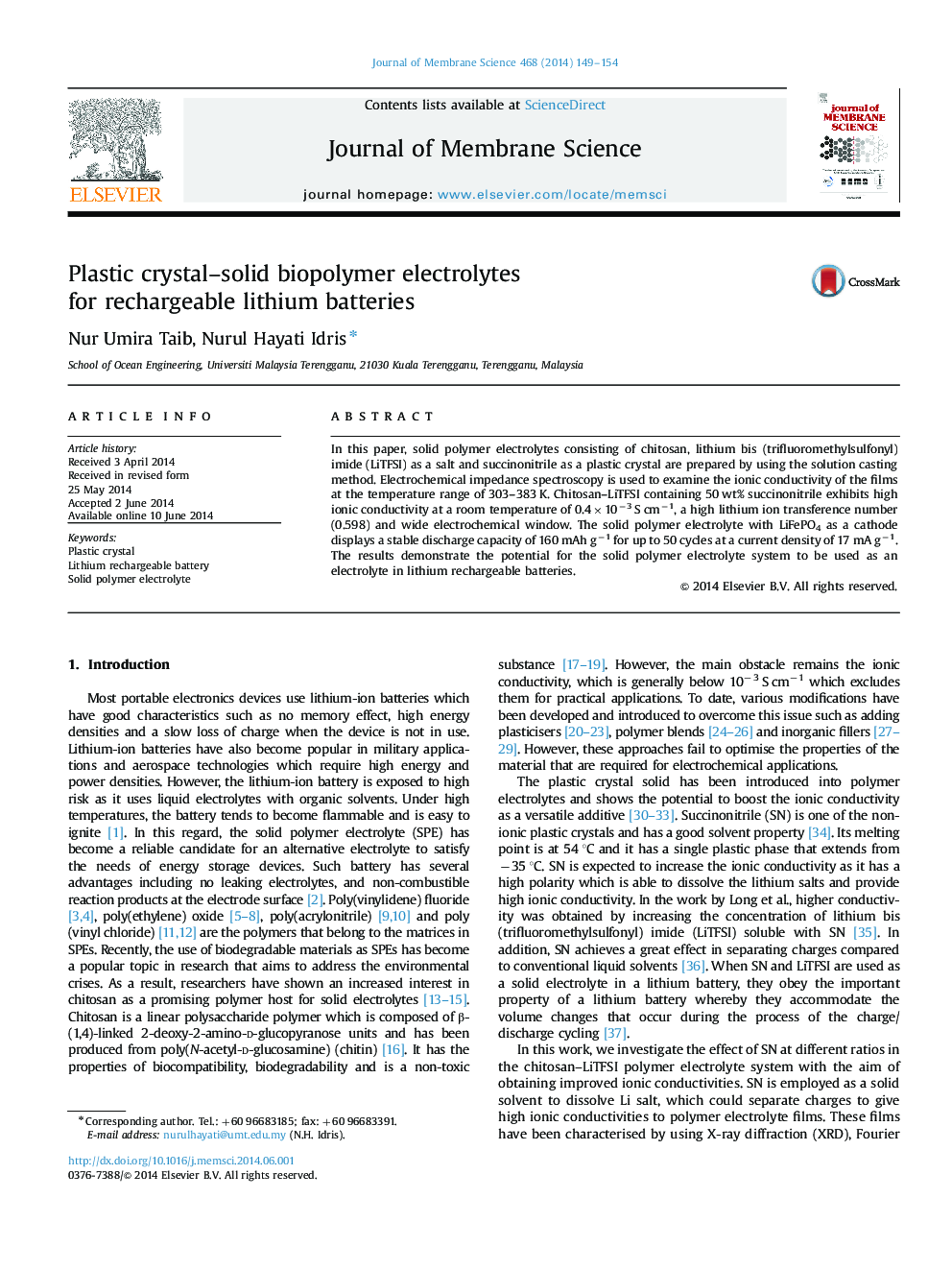 Plastic crystal–solid biopolymer electrolytes for rechargeable lithium batteries