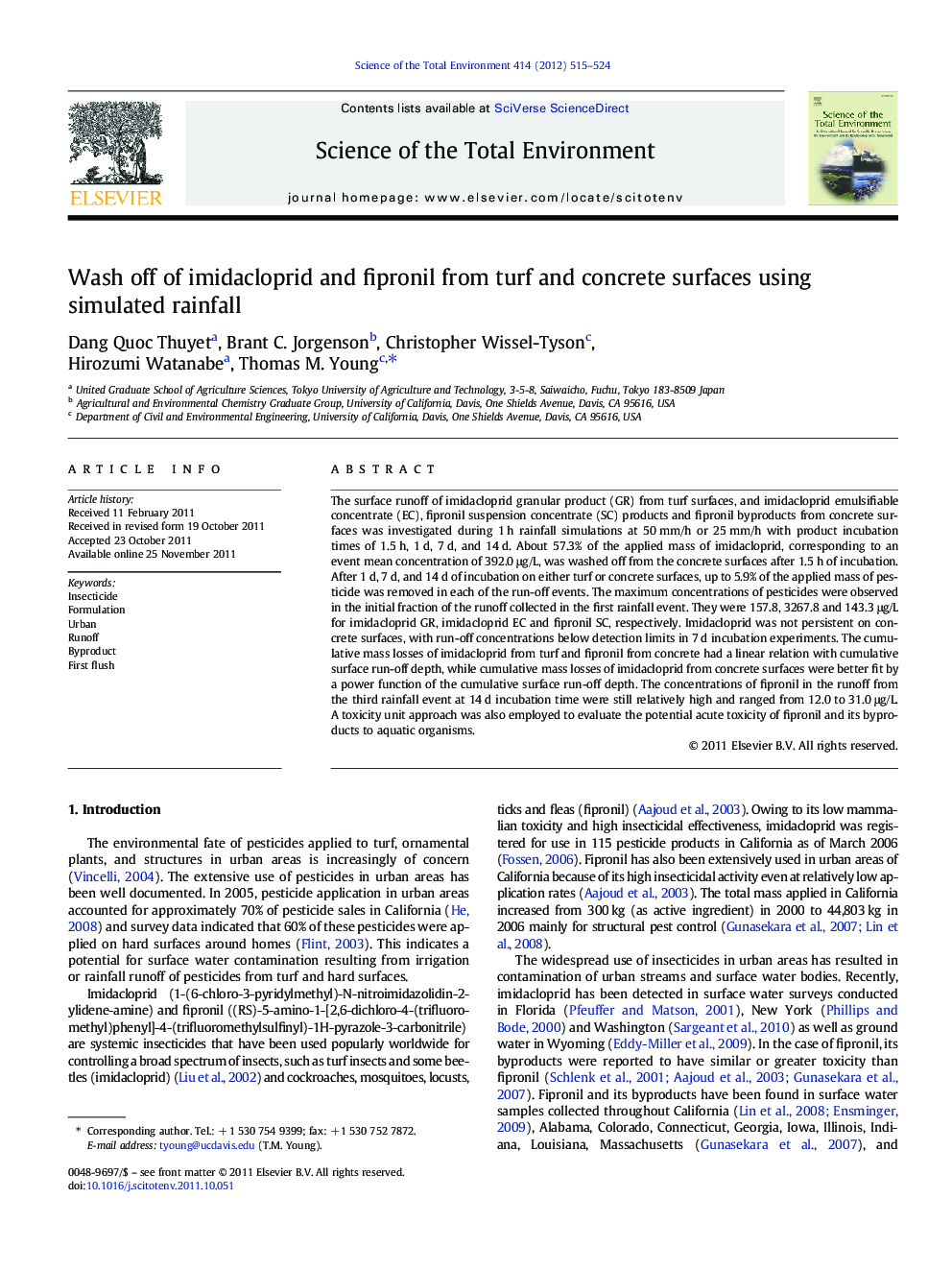 Wash off of imidacloprid and fipronil from turf and concrete surfaces using simulated rainfall