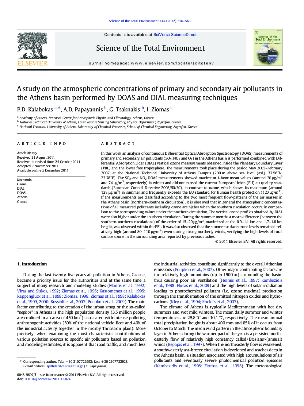 A study on the atmospheric concentrations of primary and secondary air pollutants in the Athens basin performed by DOAS and DIAL measuring techniques