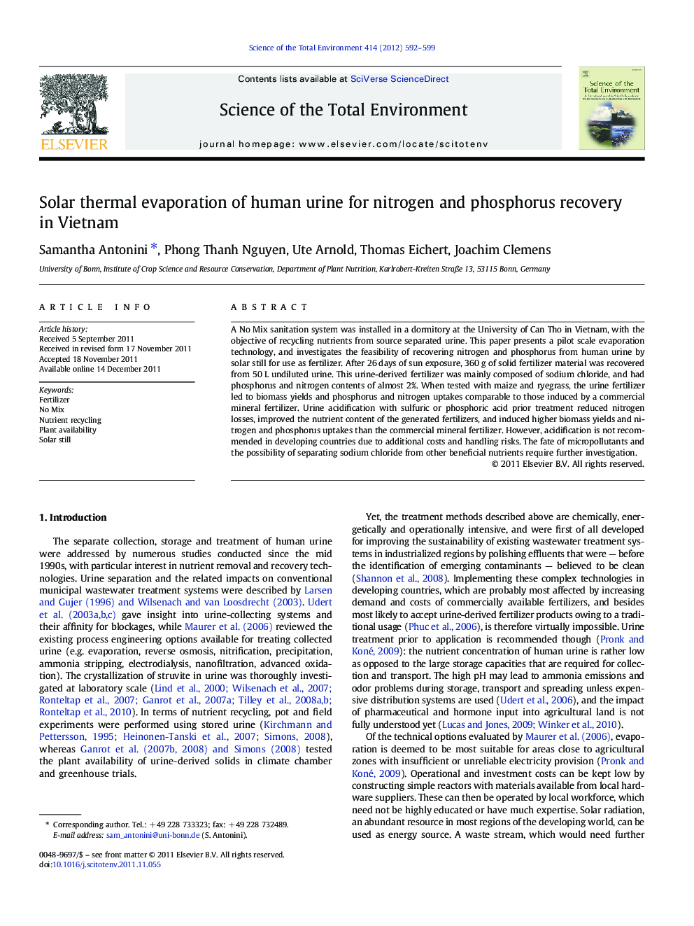 Solar thermal evaporation of human urine for nitrogen and phosphorus recovery in Vietnam