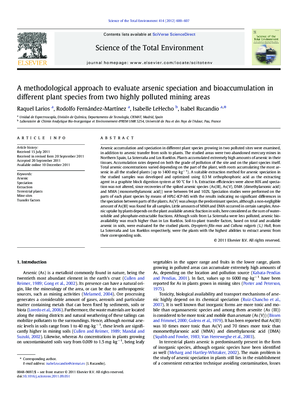 A methodological approach to evaluate arsenic speciation and bioaccumulation in different plant species from two highly polluted mining areas