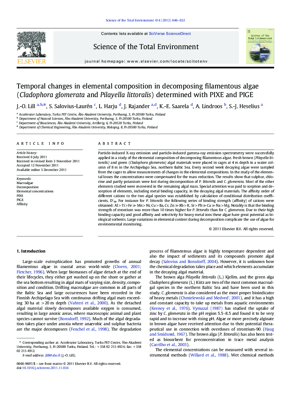 Temporal changes in elemental composition in decomposing filamentous algae (Cladophora glomerata and Pilayella littoralis) determined with PIXE and PIGE