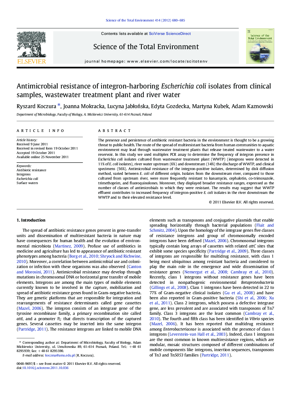 Antimicrobial resistance of integron-harboring Escherichia coli isolates from clinical samples, wastewater treatment plant and river water