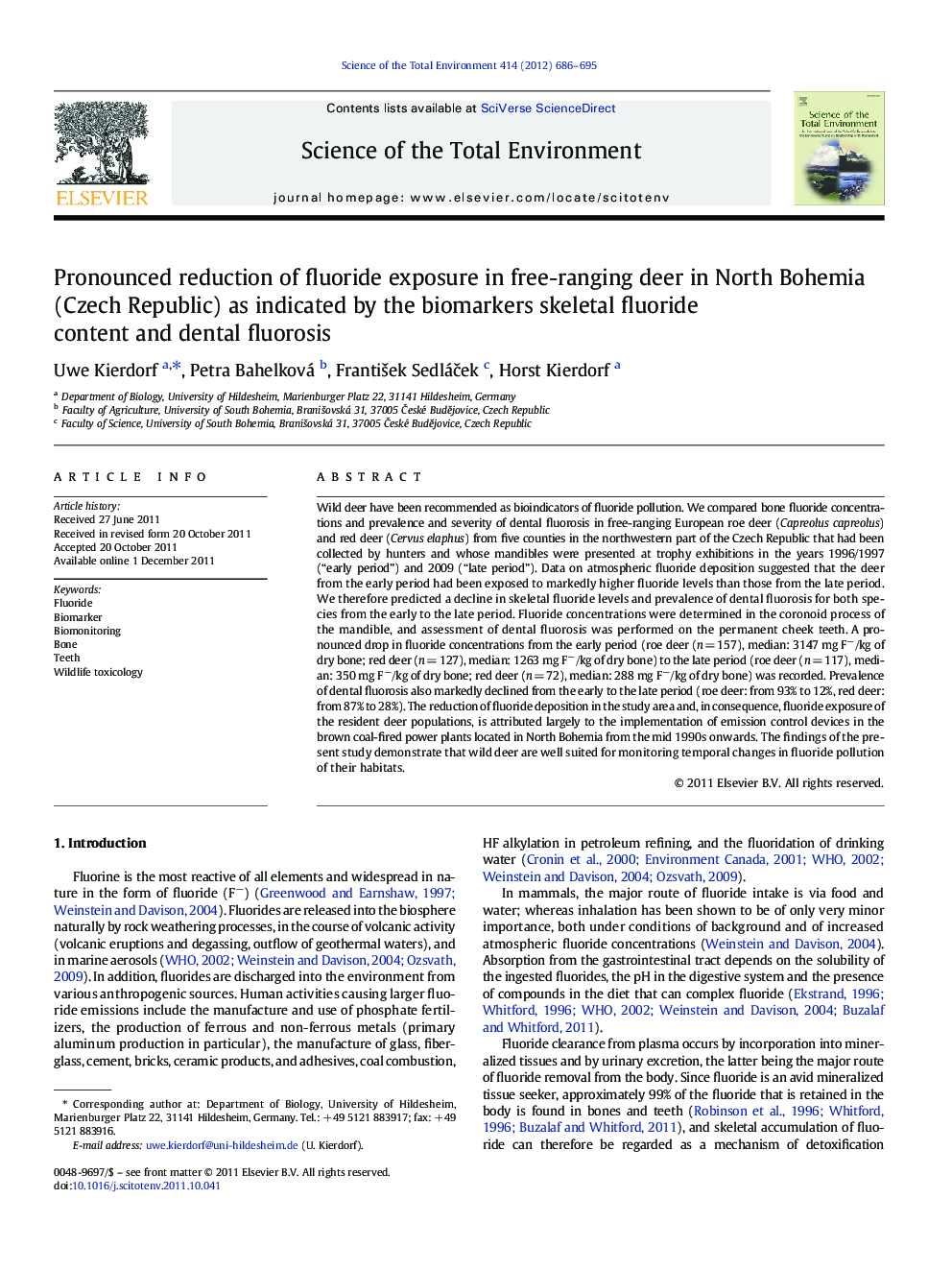 Pronounced reduction of fluoride exposure in free-ranging deer in North Bohemia (Czech Republic) as indicated by the biomarkers skeletal fluoride content and dental fluorosis