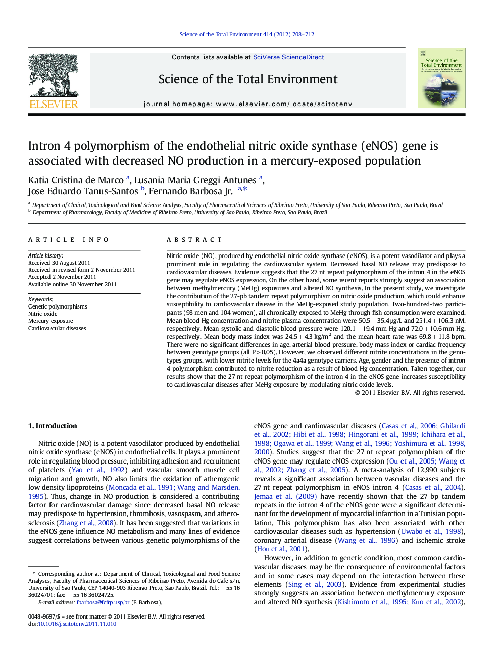 Intron 4 polymorphism of the endothelial nitric oxide synthase (eNOS) gene is associated with decreased NO production in a mercury-exposed population