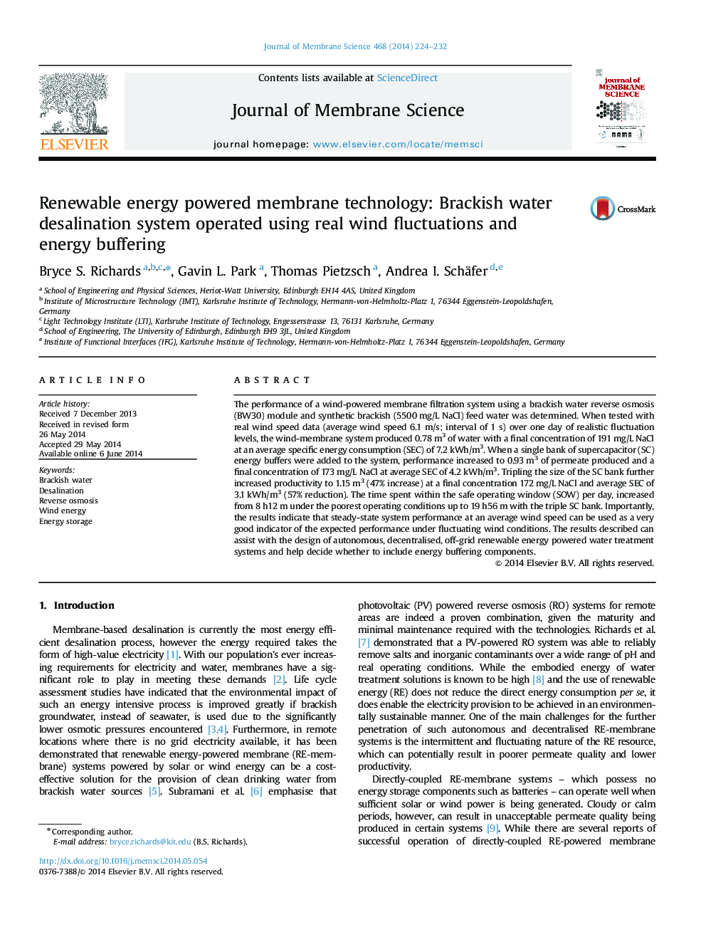 Renewable energy powered membrane technology: Brackish water desalination system operated using real wind fluctuations and energy buffering