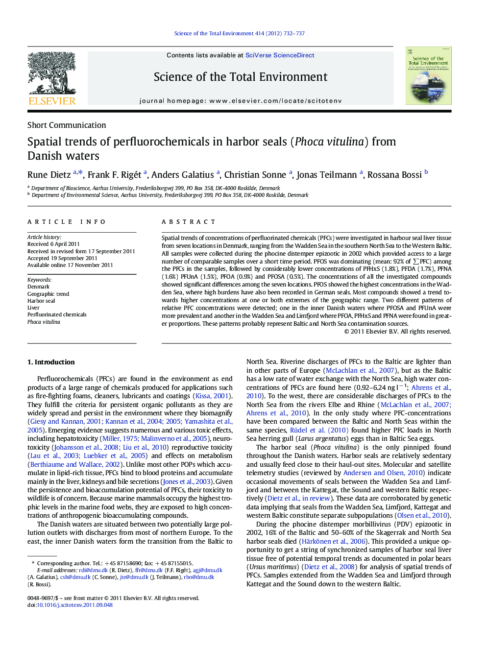 Spatial trends of perfluorochemicals in harbor seals (Phoca vitulina) from Danish waters