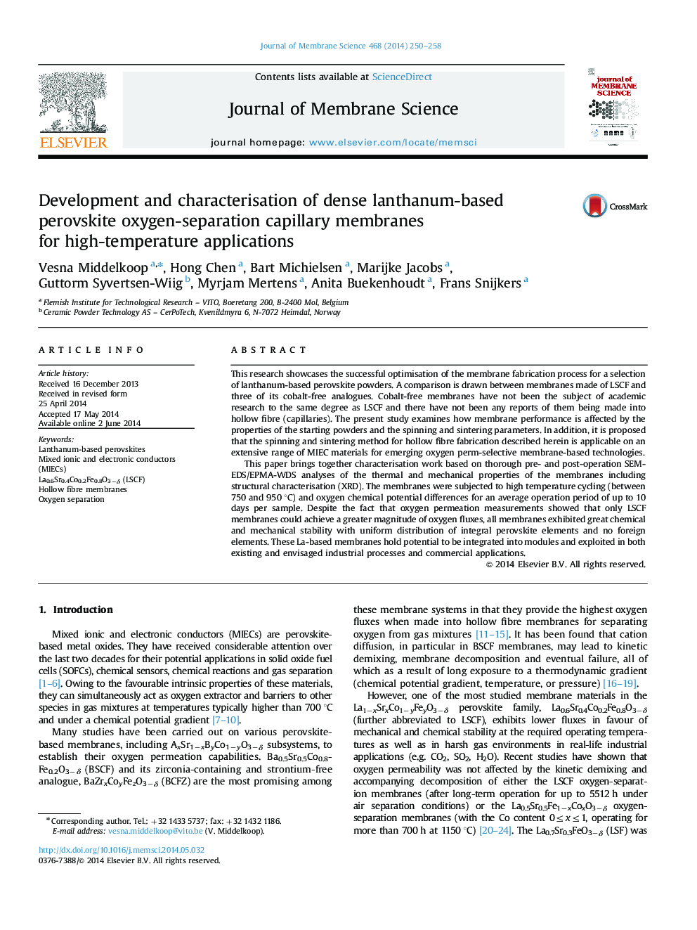 Development and characterisation of dense lanthanum-based perovskite oxygen-separation capillary membranes for high-temperature applications