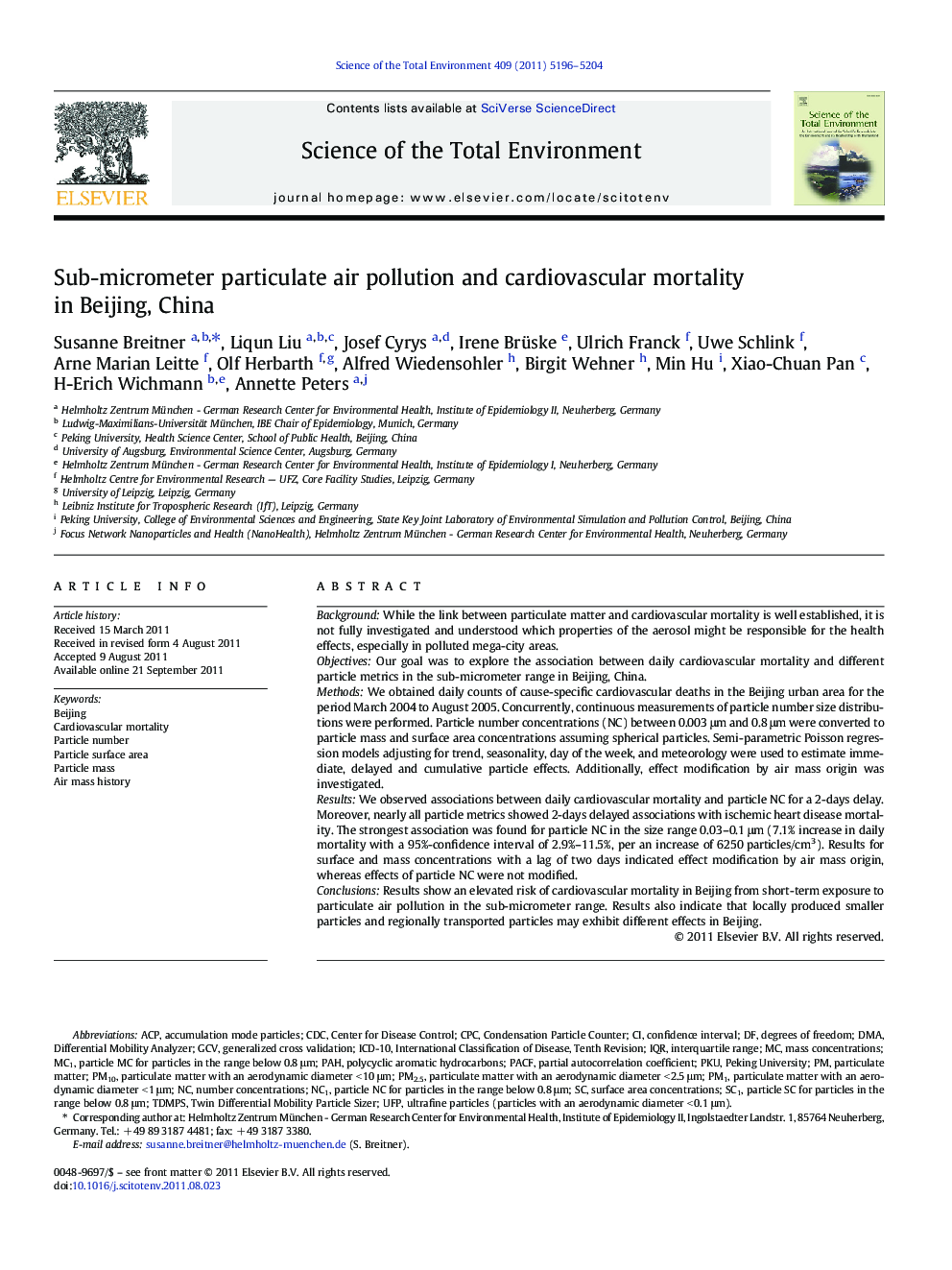 Sub-micrometer particulate air pollution and cardiovascular mortality in Beijing, China