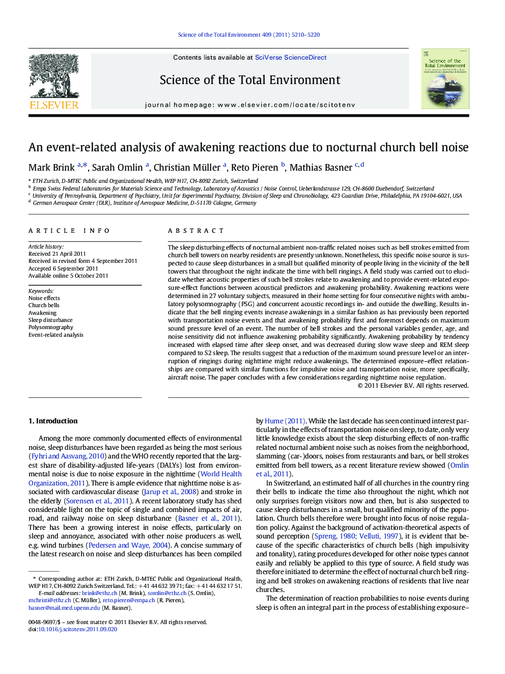 An event-related analysis of awakening reactions due to nocturnal church bell noise