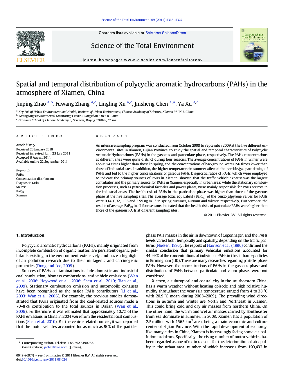 Spatial and temporal distribution of polycyclic aromatic hydrocarbons (PAHs) in the atmosphere of Xiamen, China