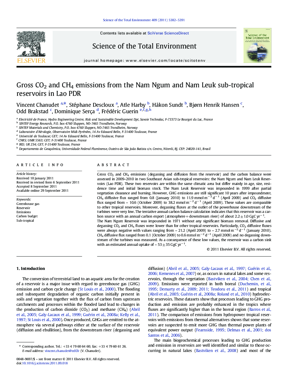 Gross CO2 and CH4 emissions from the Nam Ngum and Nam Leuk sub-tropical reservoirs in Lao PDR