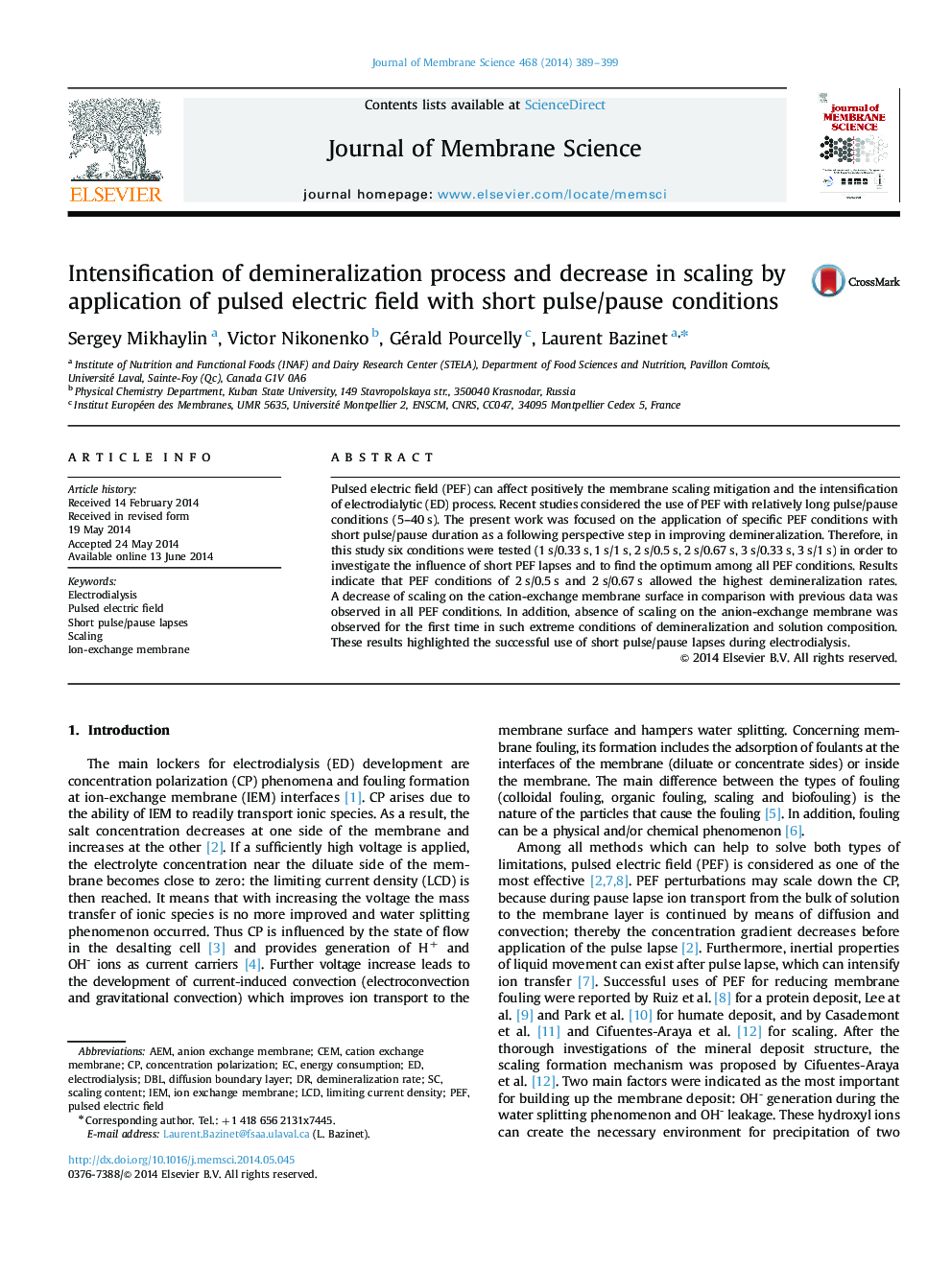 Intensification of demineralization process and decrease in scaling by application of pulsed electric field with short pulse/pause conditions