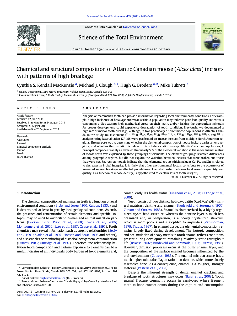 Chemical and structural composition of Atlantic Canadian moose (Alces alces) incisors with patterns of high breakage