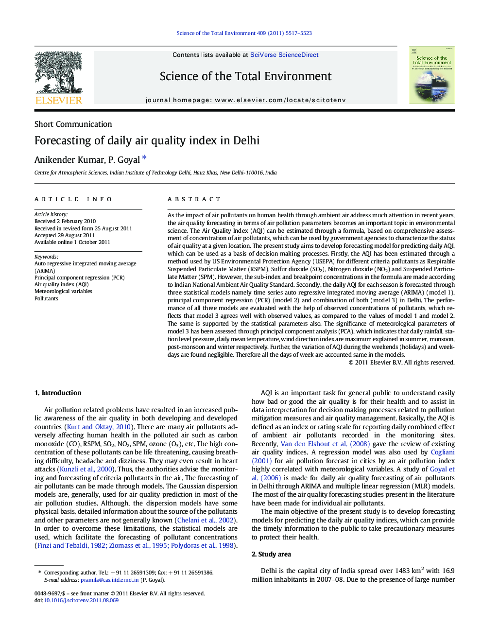 Forecasting of daily air quality index in Delhi