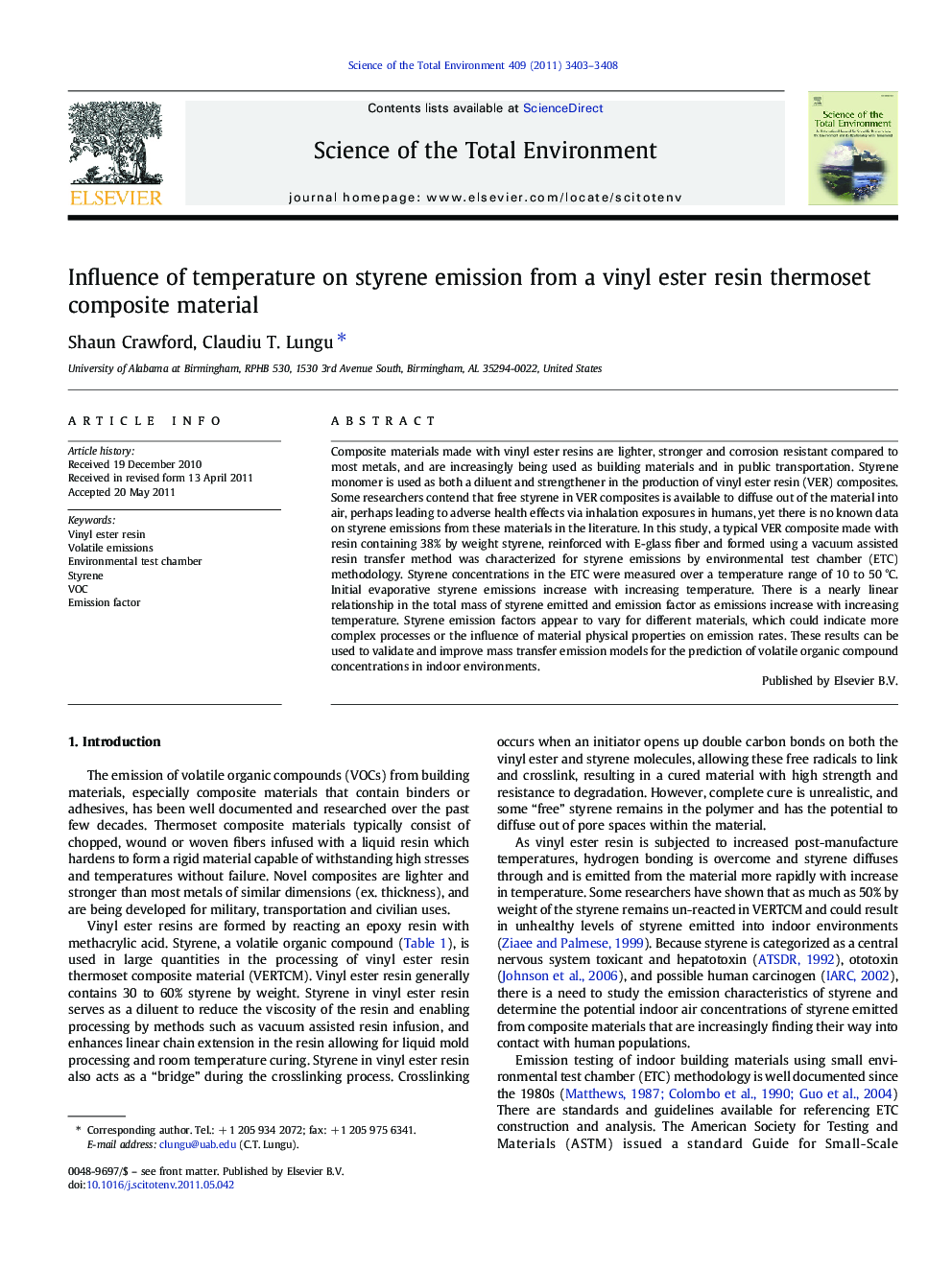 Influence of temperature on styrene emission from a vinyl ester resin thermoset composite material