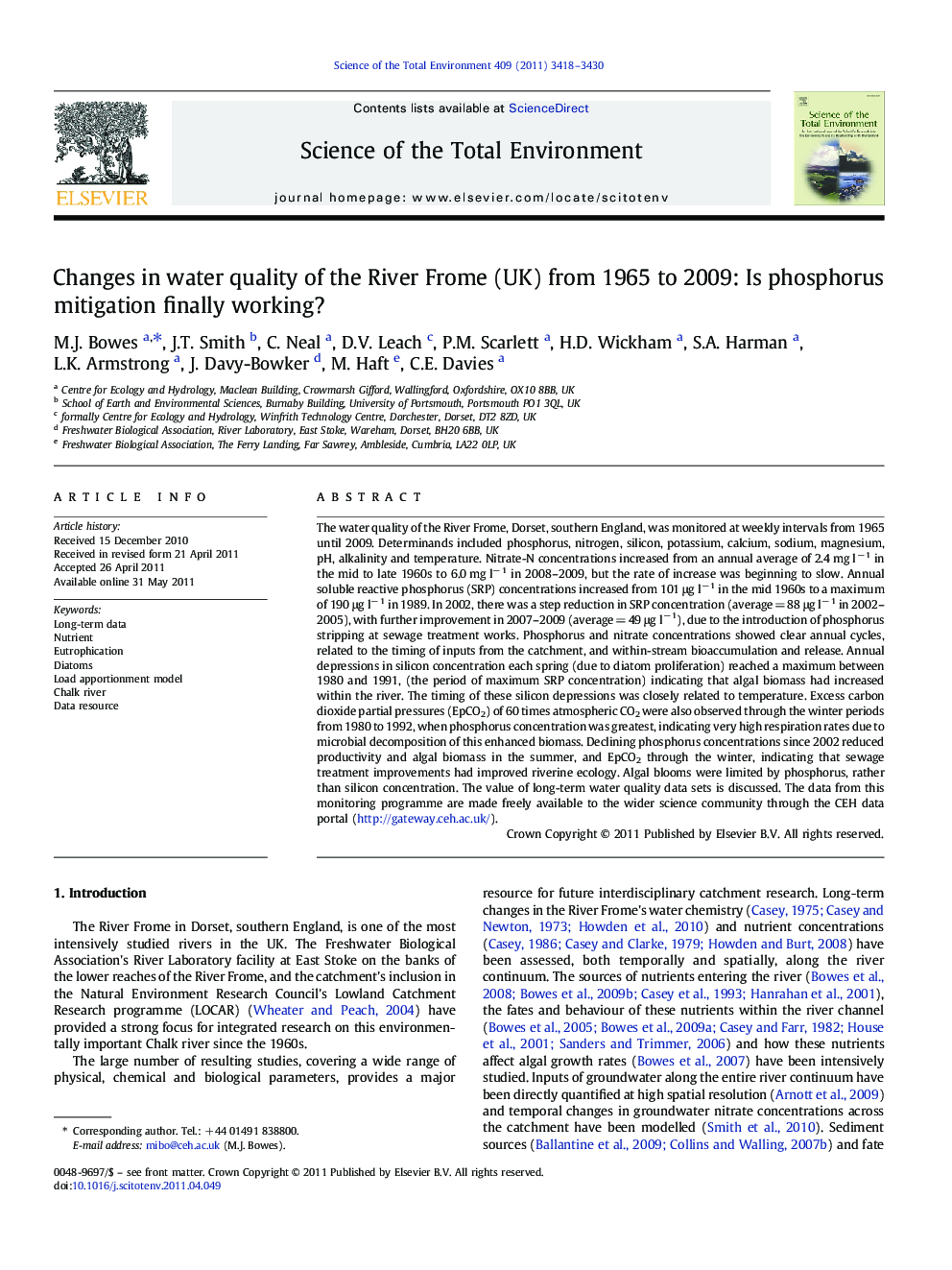 Changes in water quality of the River Frome (UK) from 1965 to 2009: Is phosphorus mitigation finally working?