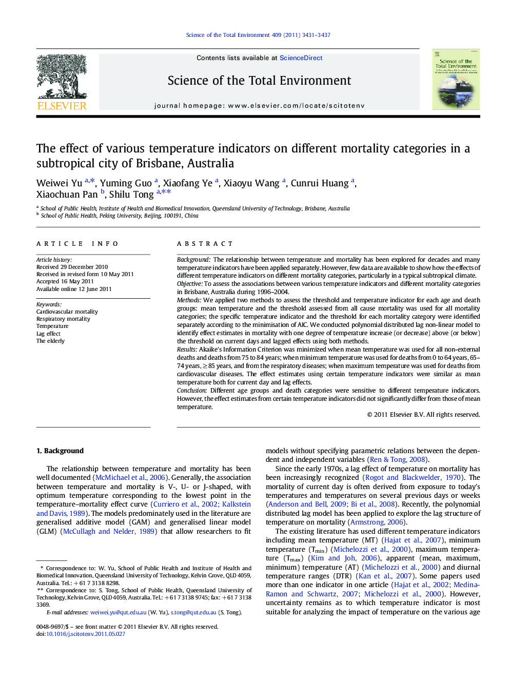 The effect of various temperature indicators on different mortality categories in a subtropical city of Brisbane, Australia